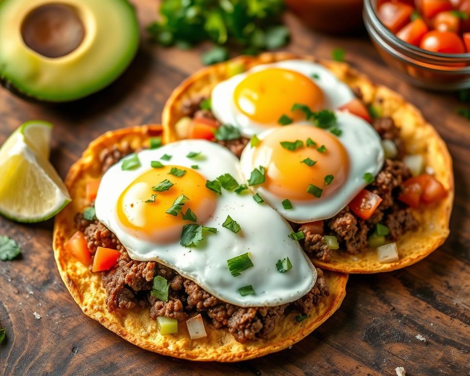 Breakfast tostadas with leftover beef Breakfast tostadas with leftover beef