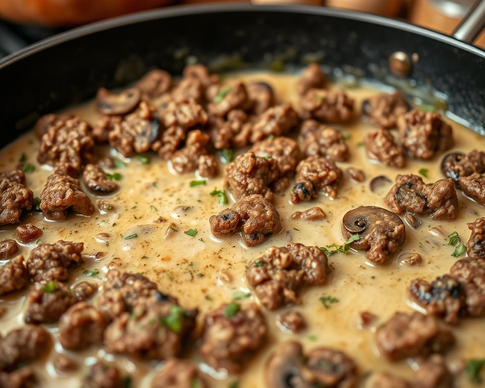 Properly cooked ground beef for stroganoff