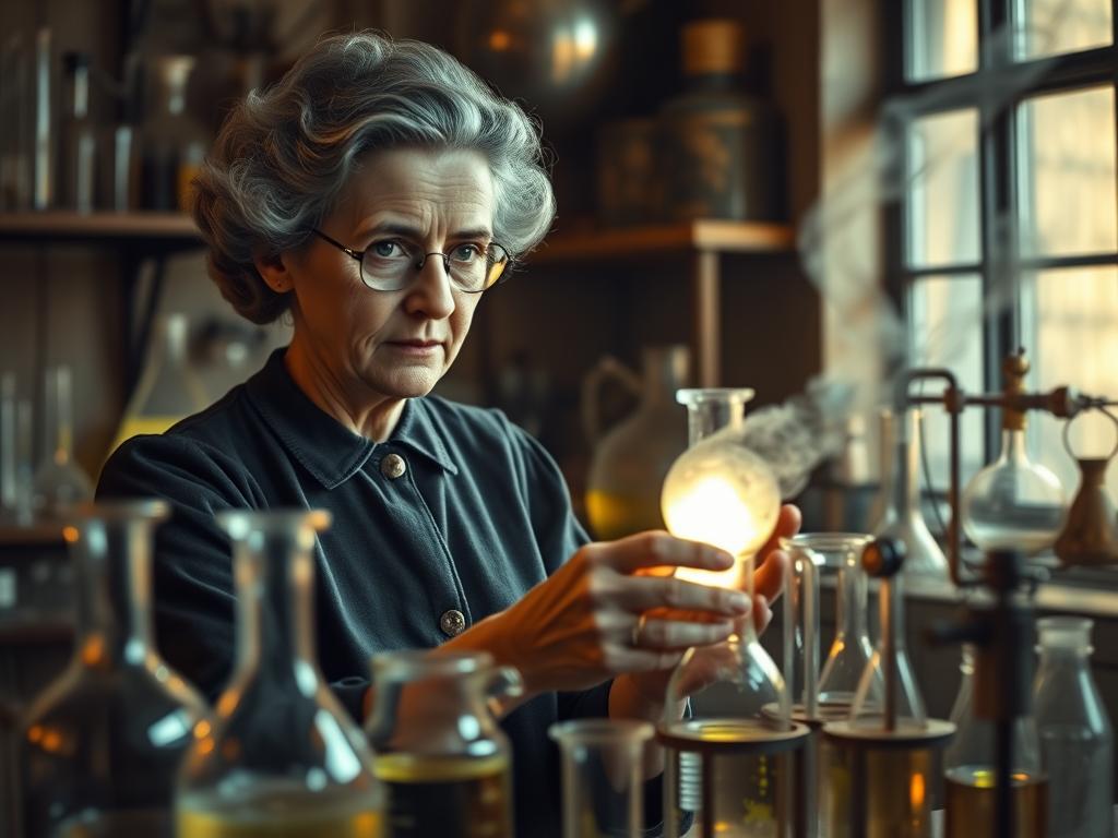 Marie Curie conducting chemistry experiments Marie Curie conducting chemistry experiments